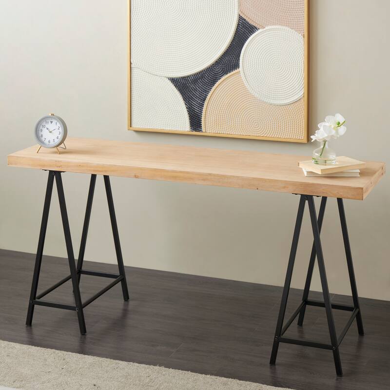 Brown Wooden Console Table with Black Metal Supports - Brown