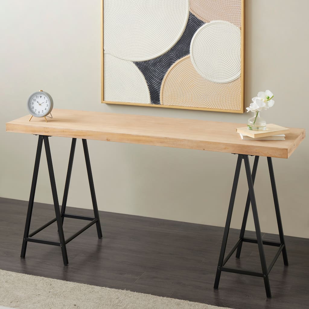 Brown Wooden Console Table with Black Metal Supports