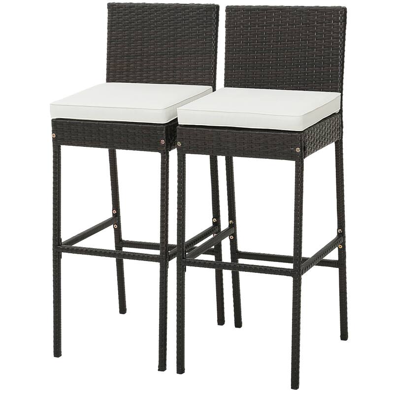 Patio Wicker Barstools Bar Height Chairs W/ Cushions Backyard - Set of 2