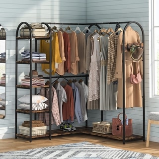 Industrial L Shaped Closet Organizer, Freestanding Corner Clothes Garment Rack with Hanging Rods and Storage Shelves