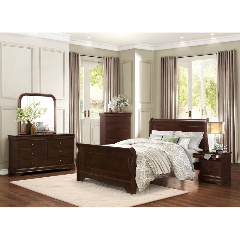 Traditional Louis Philippe Style Queen Bed in Dark Cherry Finish
