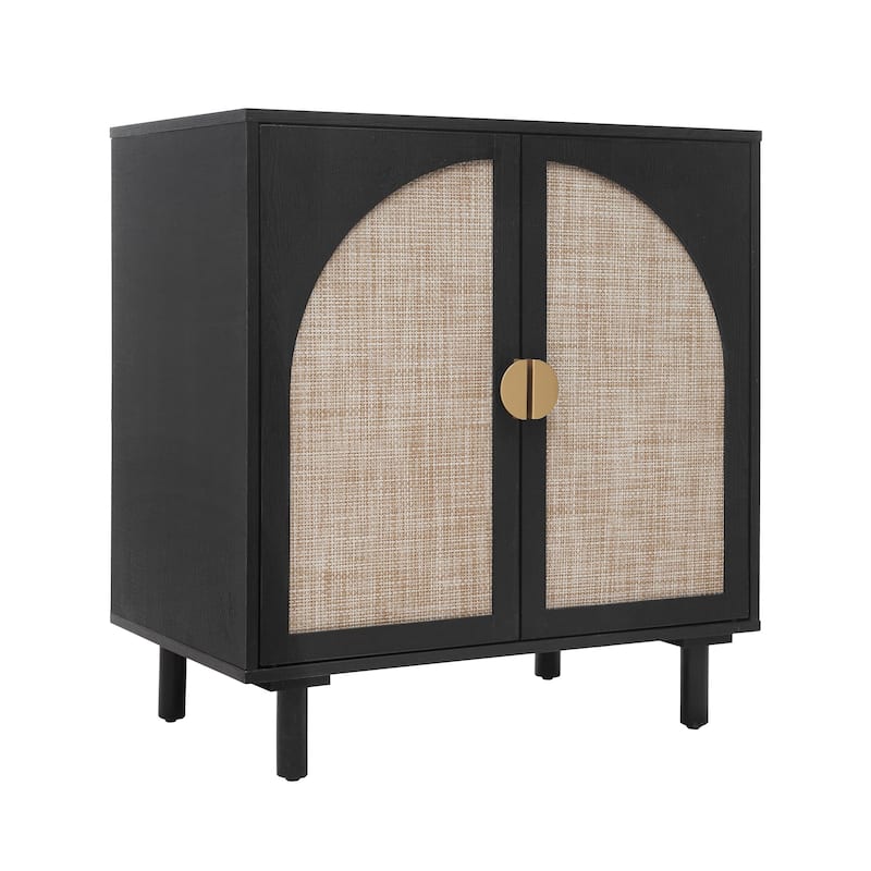 Roomfitters Modern 2 Door Accent Cabinet with Rattan Doors, Storage Sideboard for Living Room, Bedroom, Study, Black