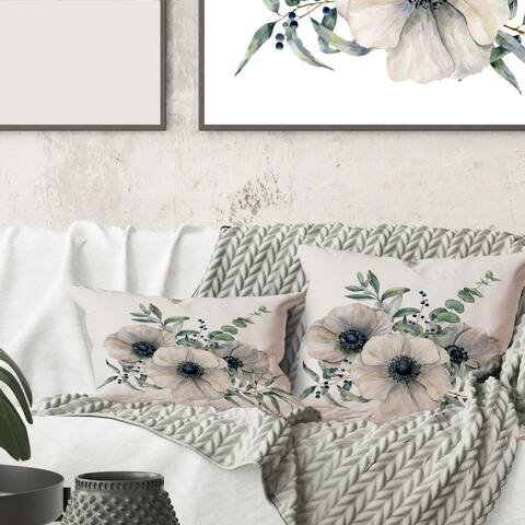Designart 'White Anemone Bouquet With Eucalyptus Leaves' Traditional Printed Throw Pillow