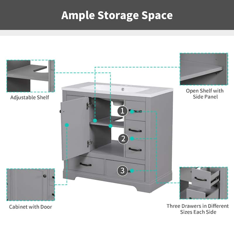 36"Bathroom Vanity without Sink,Cabinet Base Only,Six Drawers,Multi-Functional Drawer Divider,Adjustable Shelf