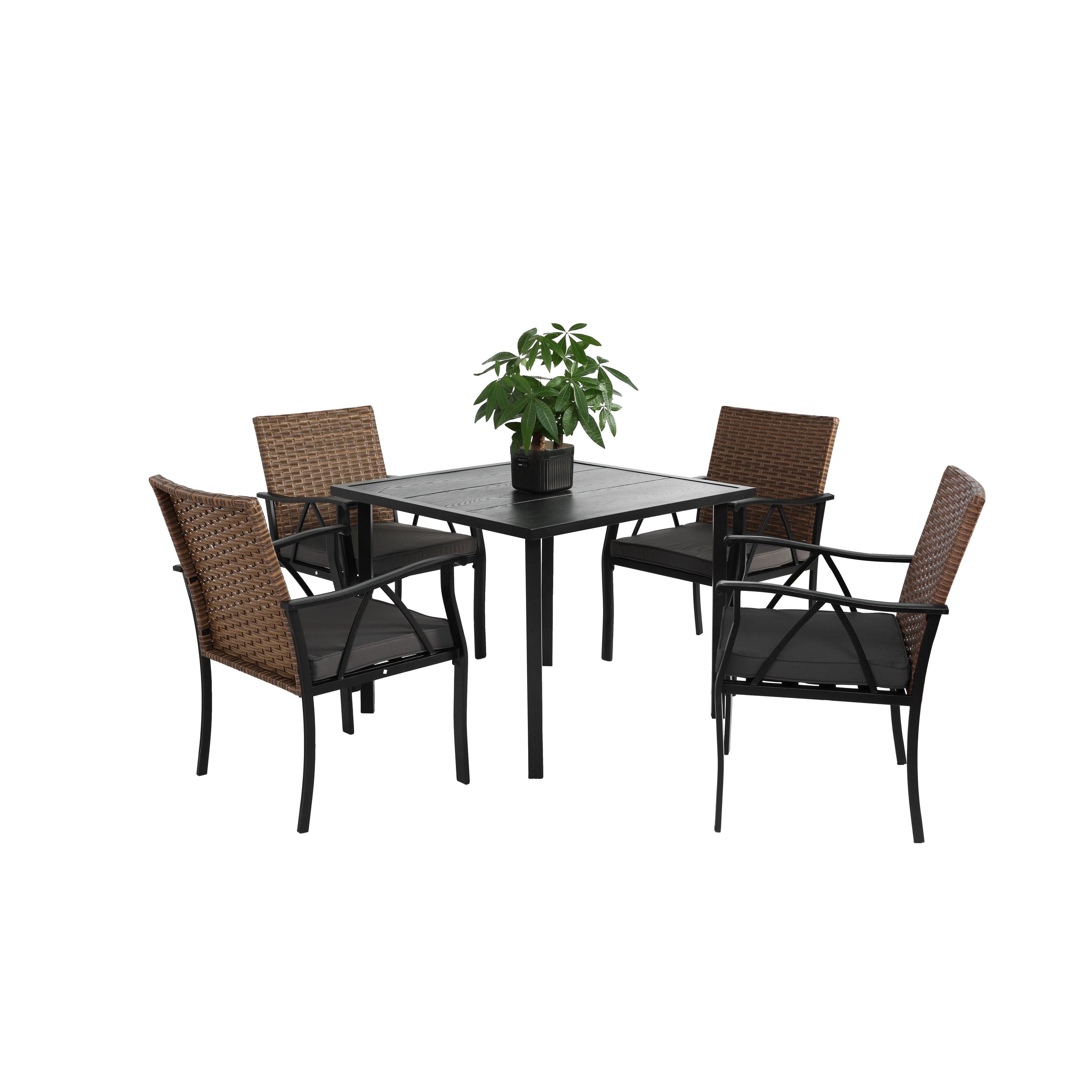 5-Piece Wicker Outdoor Table and Chairs, Patio Dining Set w/Square steel Tabletop and Umbrella Hole, Patio Table and Cha
