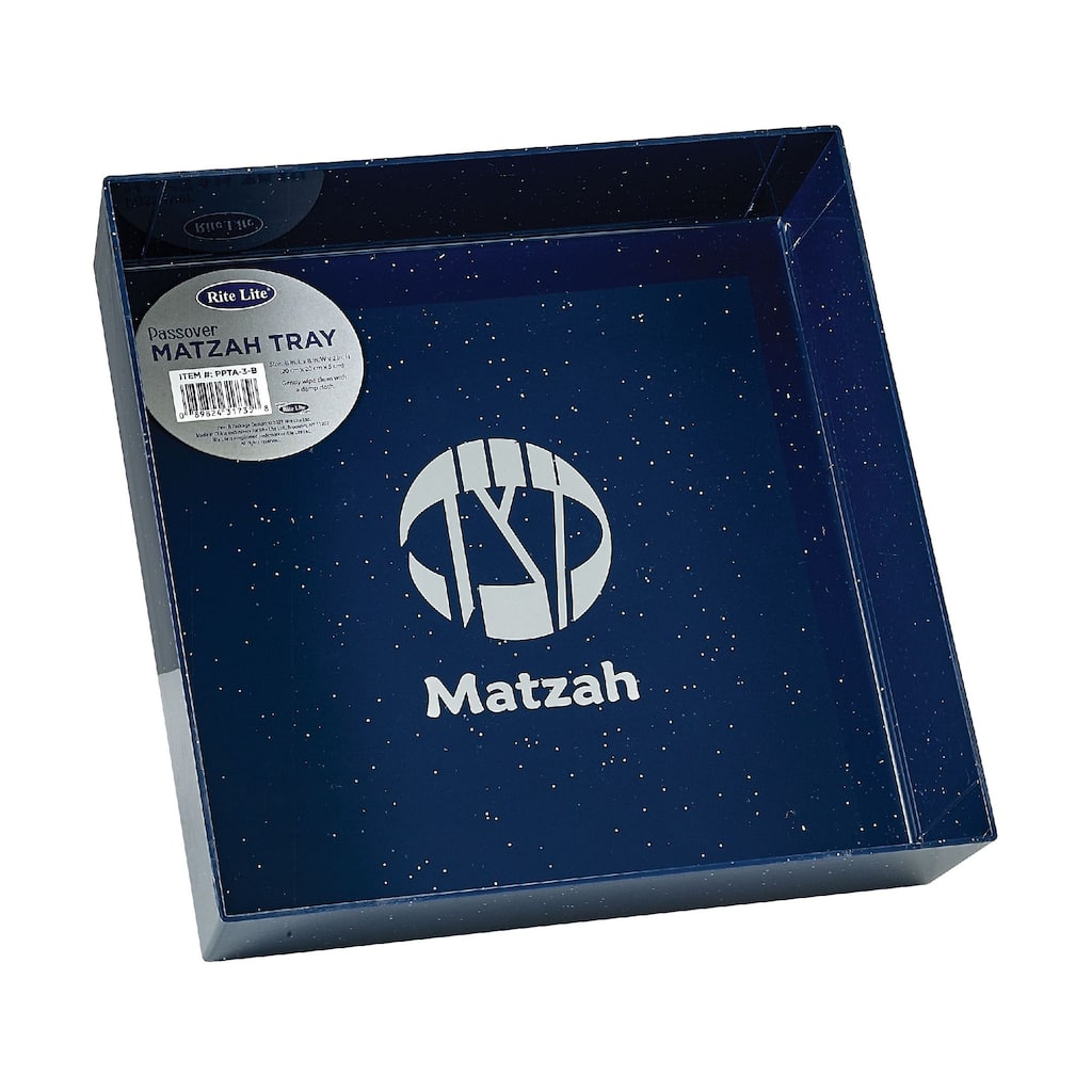 8.5" Blue Square Passover Matzah Tray with Silver Glitter