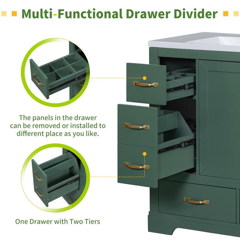 Freestanding Green Bathroom Cabinet Base - Ample Storage, Multi-Functional Drawers, Sink Not Included - 35.5in L