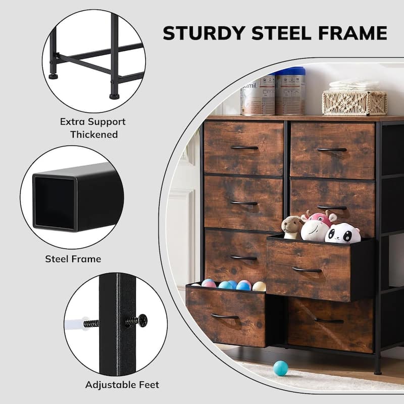 Dresser for Bedroom with 8 Drawers, Anti-Tip Tall Fabric Chests Storage Organizer Tower Furniture with Wooden Top Metal Frame