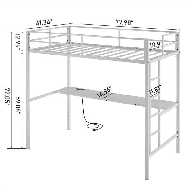 dimension image slide 1 of 4, Twin Square Tube Raised Bed With Table Outlet LED Light Strip Iron Bed USA