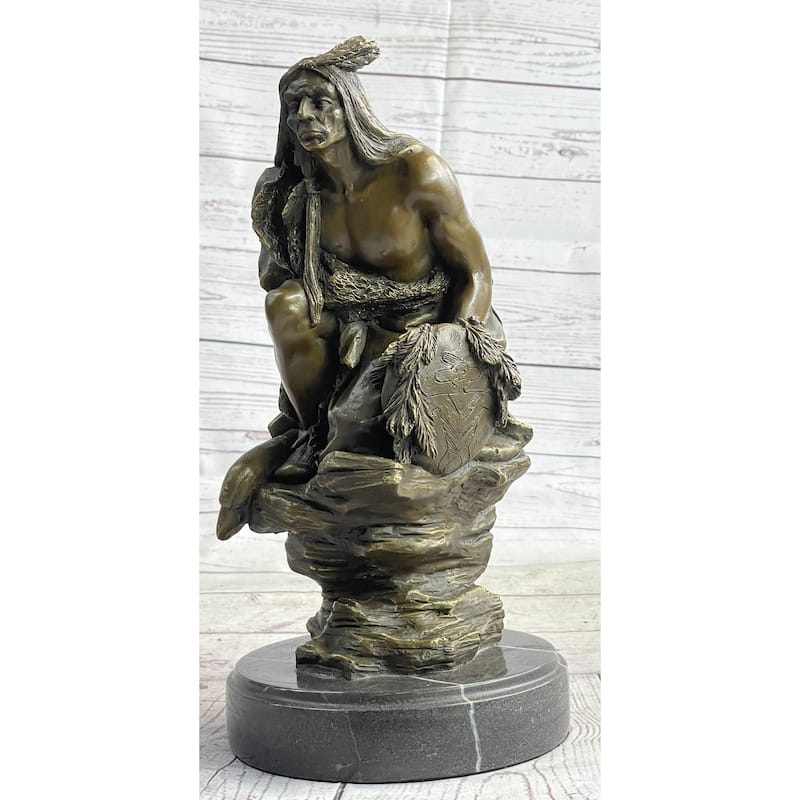 Native American Indian Warrior Squatting On Rock Bronze Sculpture Statue Marble Base