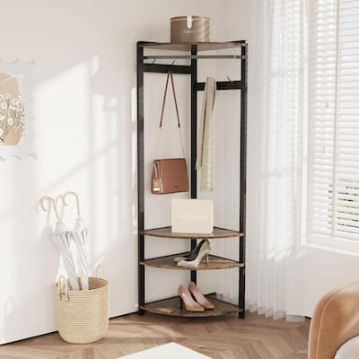 Coat Rack Stand Corner Hall Tree With Shoe Bench 6 Hooks and Storage Shelf