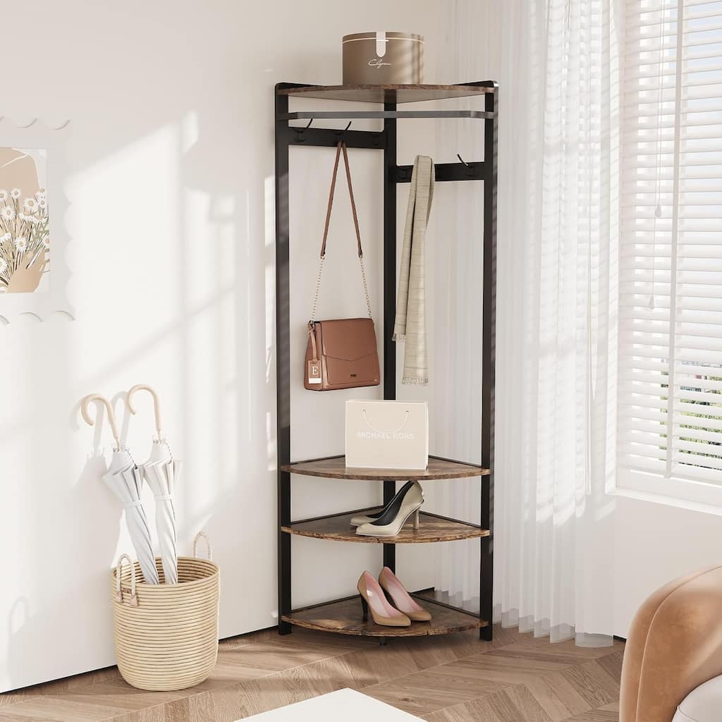 Coat Rack Stand Corner Hall Tree With Shoe Bench 6 Hooks and Storage Shelf