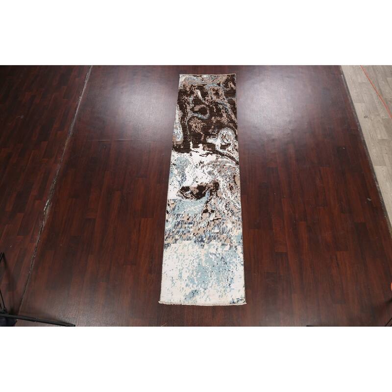 Wool/ Silk Vegetable Dye Modern Oriental Abstract Runner Rug Handmade - 2'7" x 9'11"