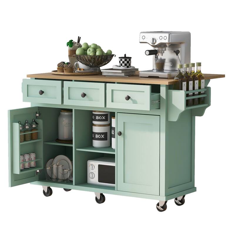 Kitchen Cart with Rubber Wood Drop-Leaf Countertop, Storage Cabinet, 3 Drawers & 5 Wheels