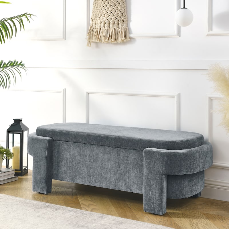 Oval Storage Bench End of Bed Storage Ottoman Benches Linen Fabric Upholstered Ottoman Bench w/ Large Storage Space for Bedroom - Grey