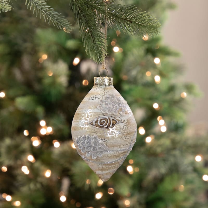5" Birch Wood and Glitter Pine Cones Glass Finial Christmas Ornament