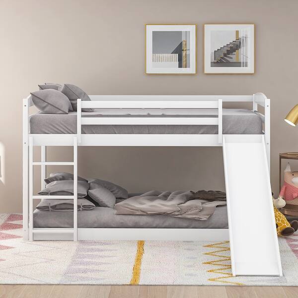 slide 2 of 21, Twin Over Twin Low Bunk Bed with Convertible Slide & Ladder White
