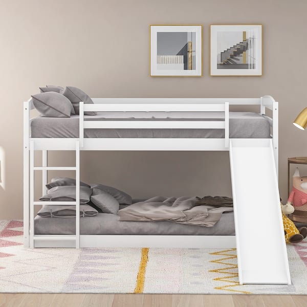 slide 2 of 34, Twin Size Minimalist Wood Bunk Bed,Convertible Slide and Ladder White