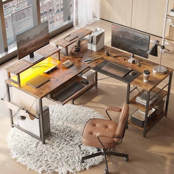 L Shaped Desk LED 95.2 Inch Computer Corner Desk with Keyboard