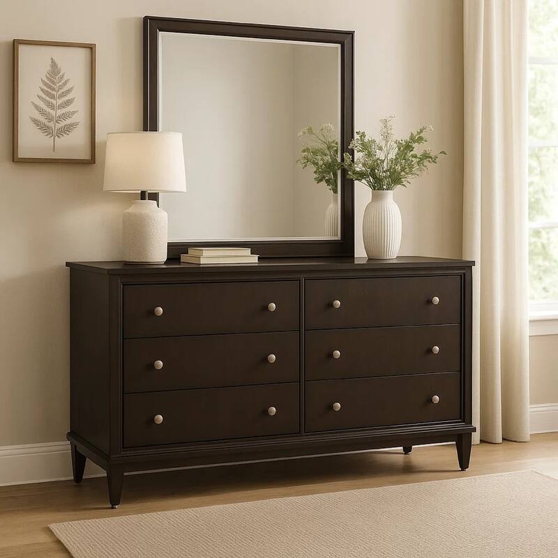 Amber Wide Dresser with Mirror, 6 Drawers, Brown Wood, Silver Knobs