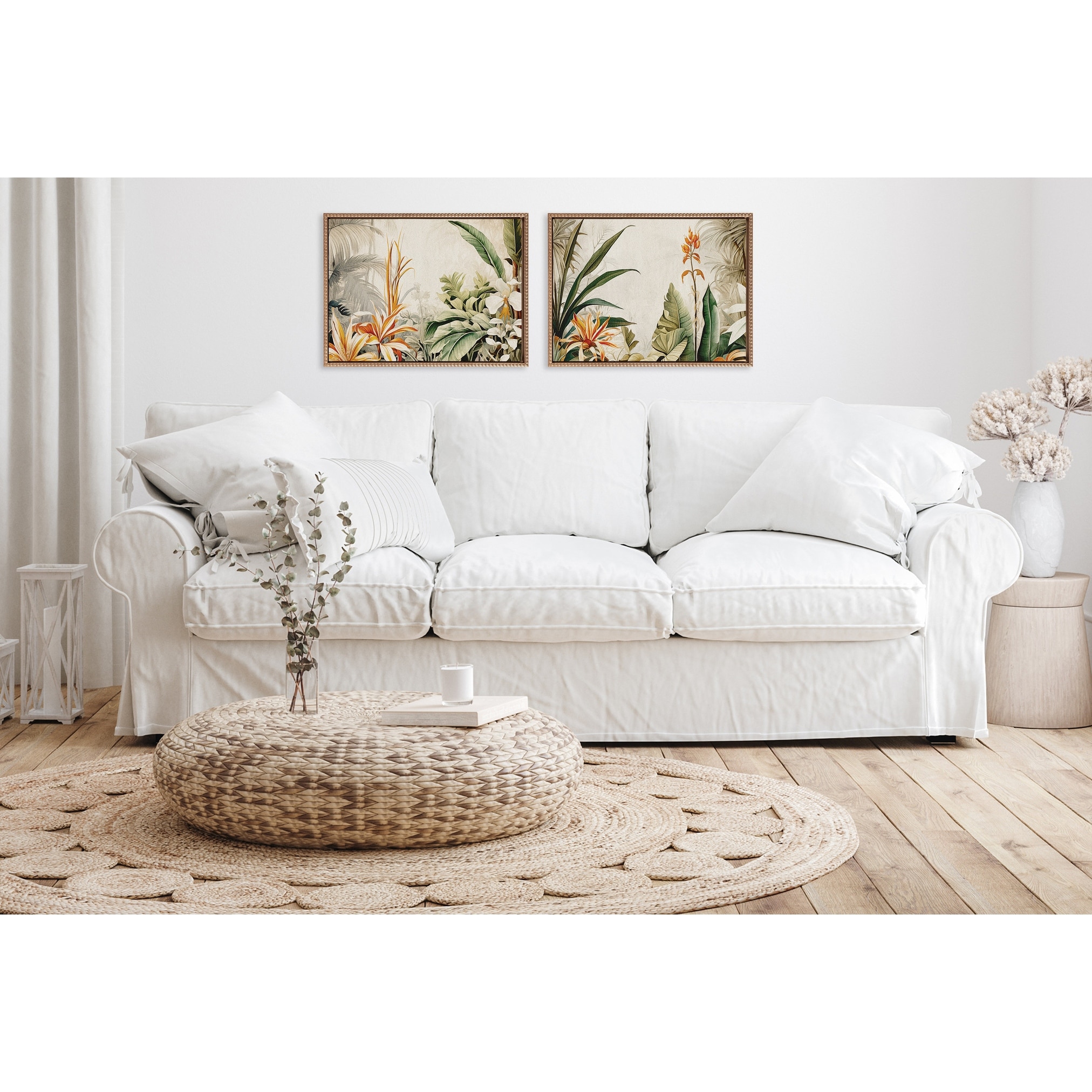 Kate and Laurel Sylvie Beaded Retro Jungle Botanical 1 and 2 Framed Canvas Art Set by The Creative Bunch Studio
