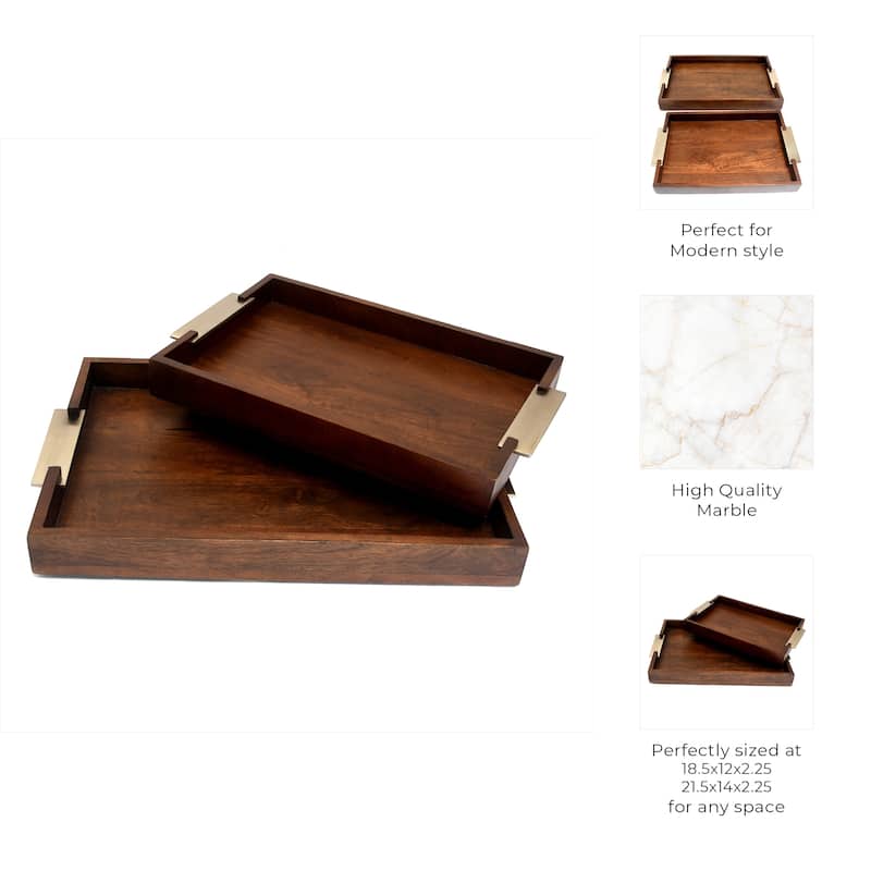 Wood Aluminum Serving Trays with Brass Handles (Set of 2) - 2" Brown - 21.5" x 14" x 2.25"