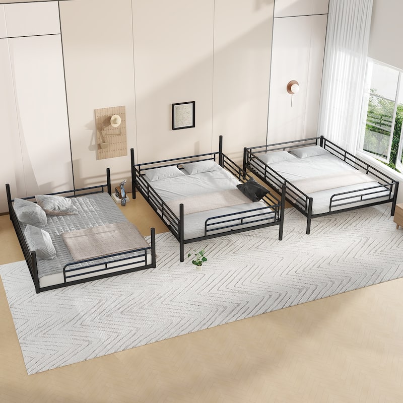Queen over Queen over Queen Bunk Bed, Metal Triple Bunk Bed with Safety Guardrails, Bunk Bed with Noise-reduced Design
