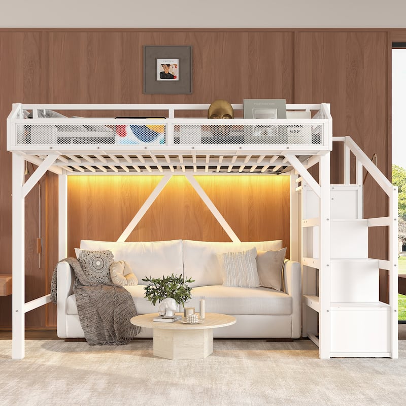 Twin XL Loft Bed with Storage Stairs, Shelves and Built-in Wardrobe, Metal Loft Bed Frame with USB Ports and LED Lights - White