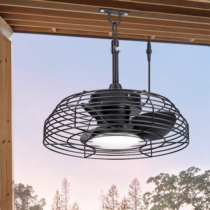 19" Industrial Black Indoor/Outdoor Chandelier Caged Ceiling Fan with Light and Remote - Black
