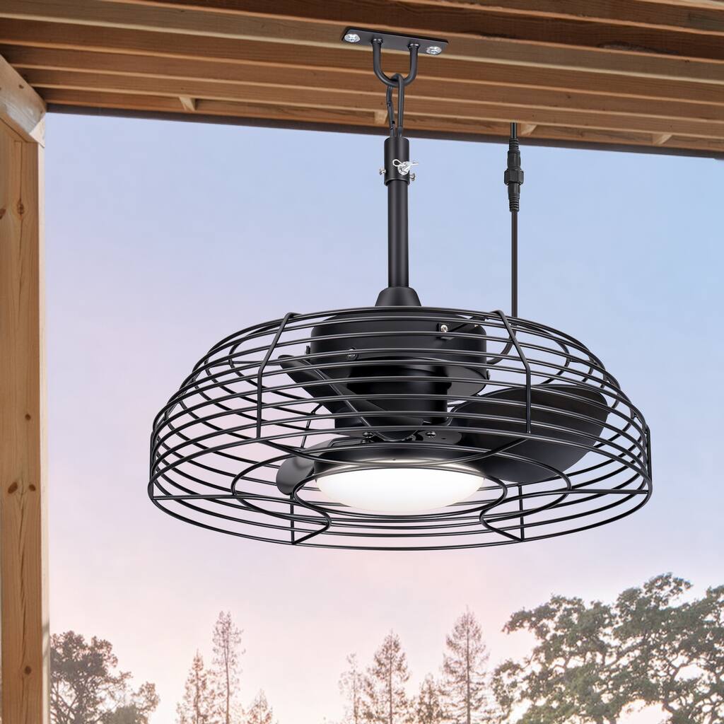 19" Industrial Black Indoor/Outdoor Chandelier Caged Ceiling Fan with Light and Remote