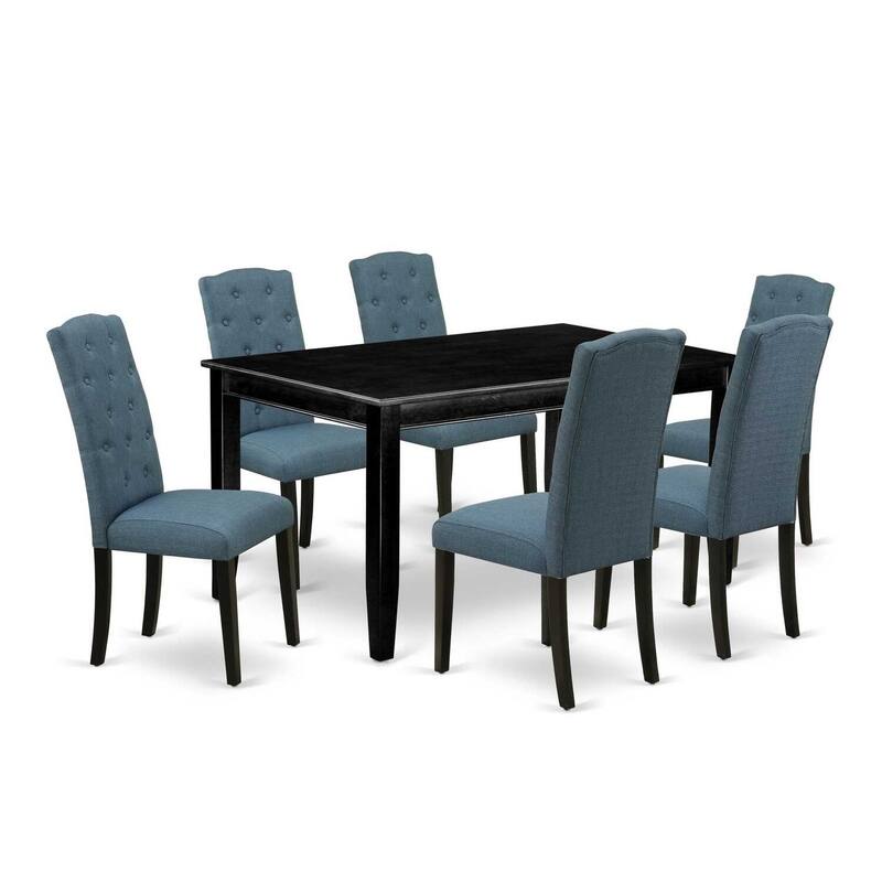 7Pc Vintage Dinette Set - Kitchen Table & 6 Parsons Chairs - Blue Fabric, Black Finish - 60
