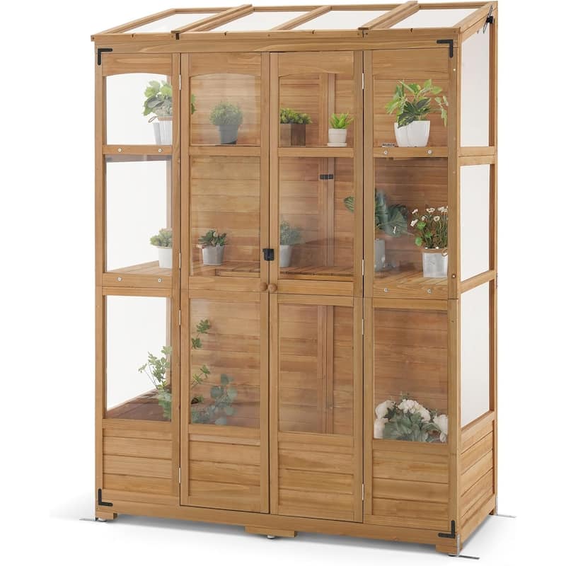 MCombo Walk-in Greenhouse with Openable Roof and Lockable Door, Solid Wood 0899 - Natural