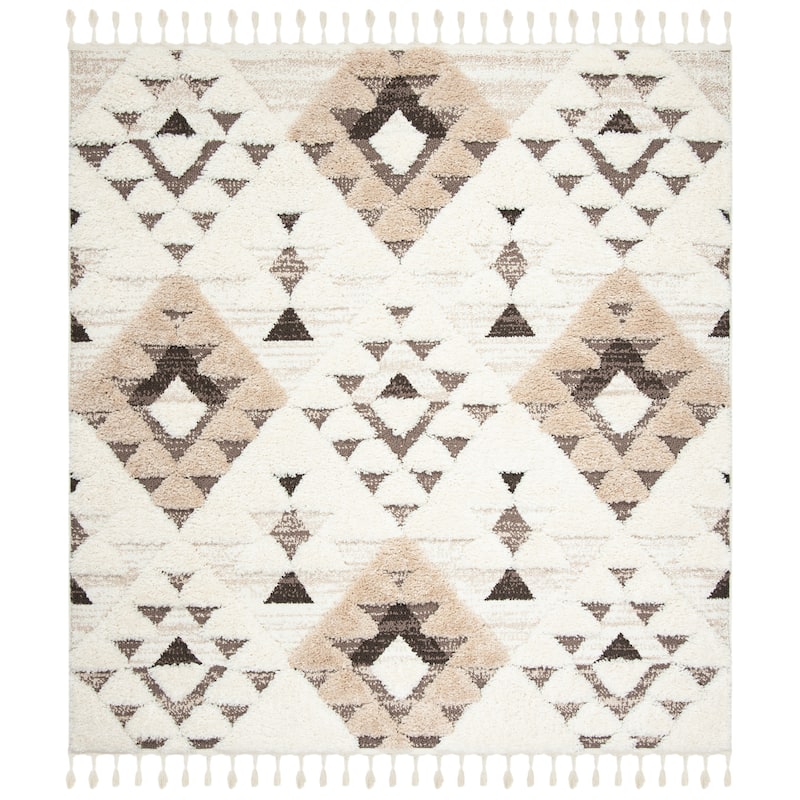 SAFAVIEH Moroccan Tassel Shag Kobi 2-inch Thick Rug - 6'7" Square - Ivory/Brown - Square