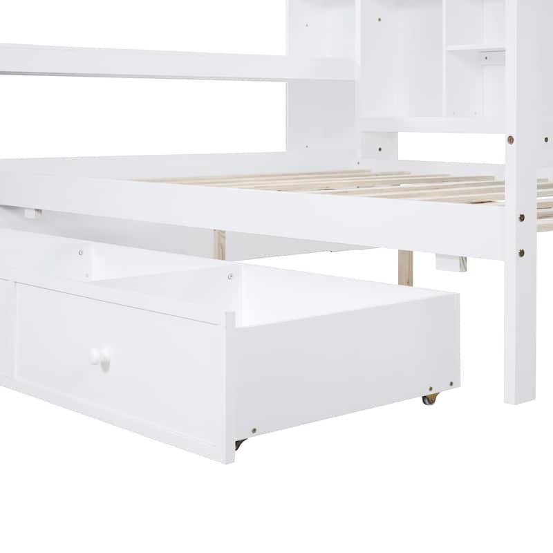 Full Size Daybed with 3 Storage Drawers & Shelves Headboard, Wooden Sofa Bed Frame with USB Ports and Desk, No Box Spring Needed