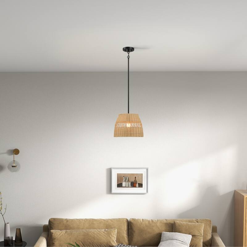 Vina Natural 1-Light Rattan Pendant Light with Black Metal Finish