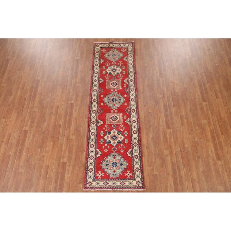 Hand Knotted Oriental 100% Wool Carpet Traditional Geometric Red Kazak Runner Rug - 9' 3'' X 2' 9''