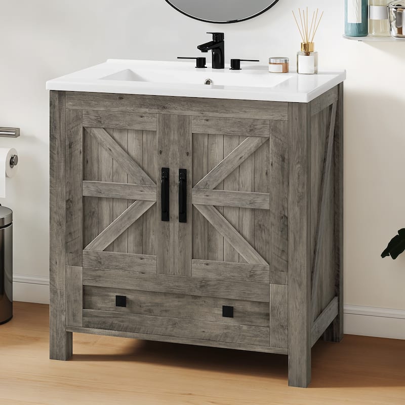 Moasis 30 Inch Farmhouse Bathroom Vanity with Sink and Barn Door Storage for Small Spaces - Grey