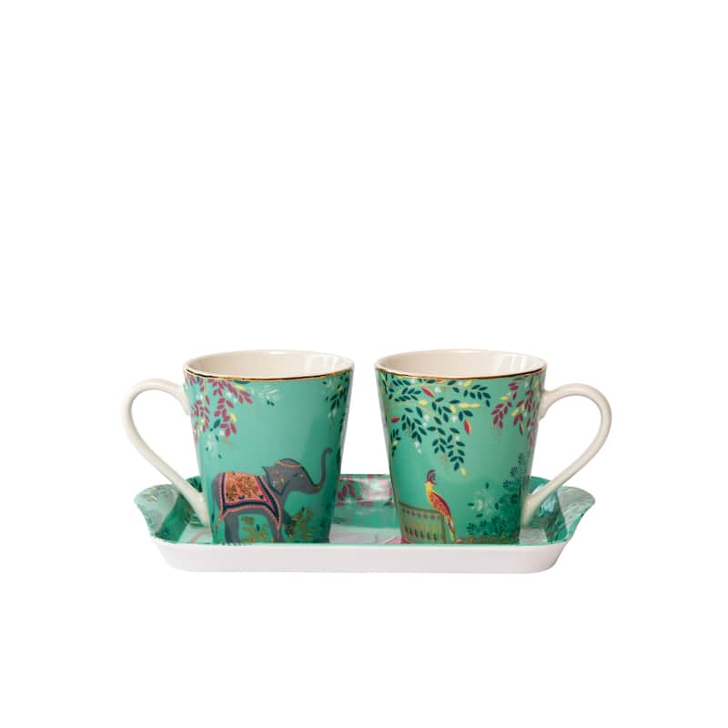 Sara Miller India Mug & Tray Set, Elephant's Oasis - 12 oz - 3 Piece - 12 oz
