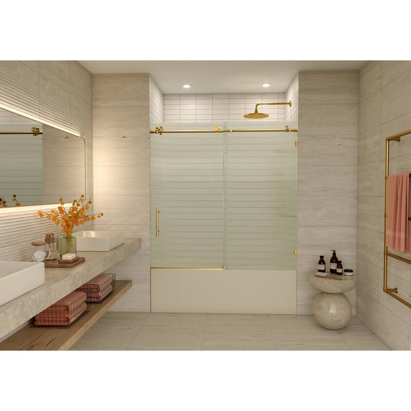 Galaxy 60 in. x 60 in. Fully Frameless Fluted Glass Sliding Bathtub Doors - Lefthand