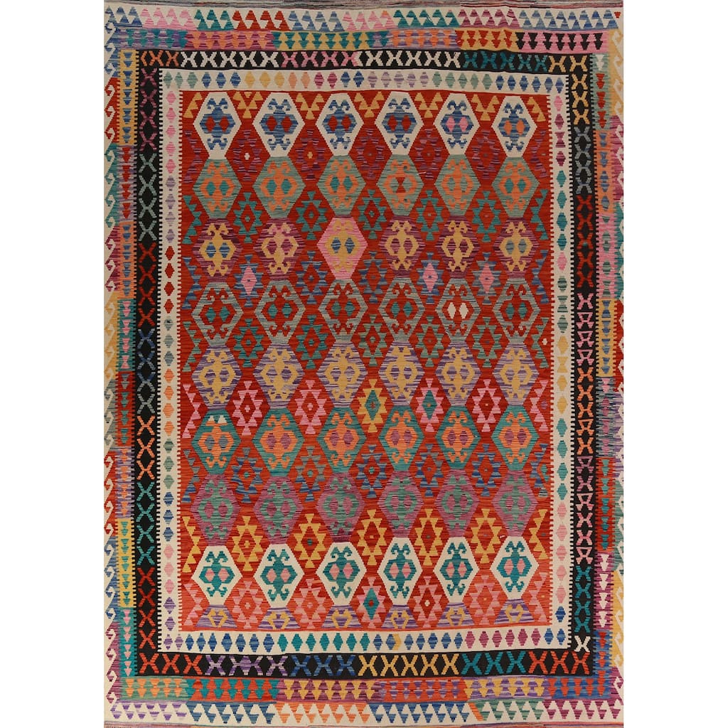 Reversible Kilim Oriental Area Rug Hand-Woven Dining Room Wool Carpet - 9'10"x 12'11"