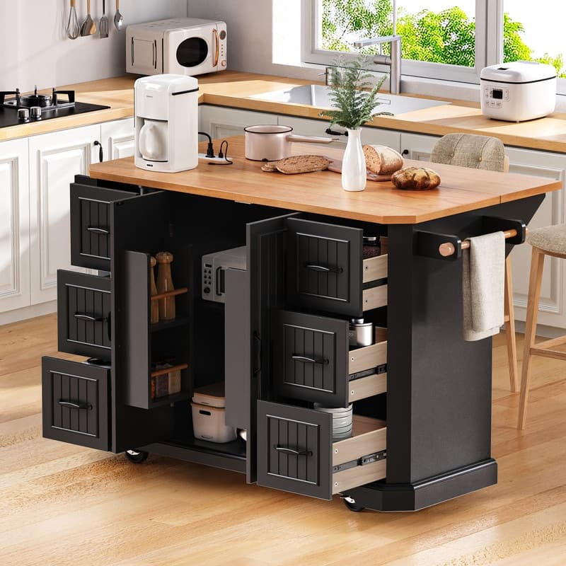 Kitchen Island with Drop Leaf,Features Power Outlet and Ample Storage