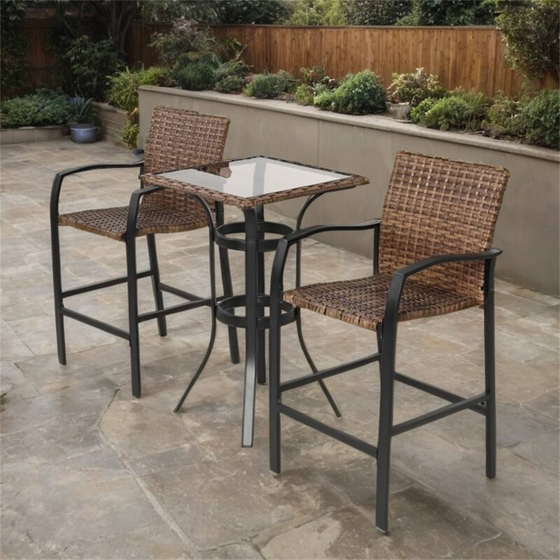 Outdoor Rattan Bar Chairs Set with Glass Table Top (Set of 3)