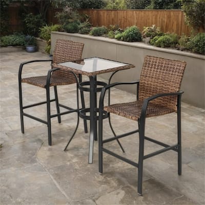 Outdoor Rattan Bar Chairs Set with Glass Table Top (Set of 3)