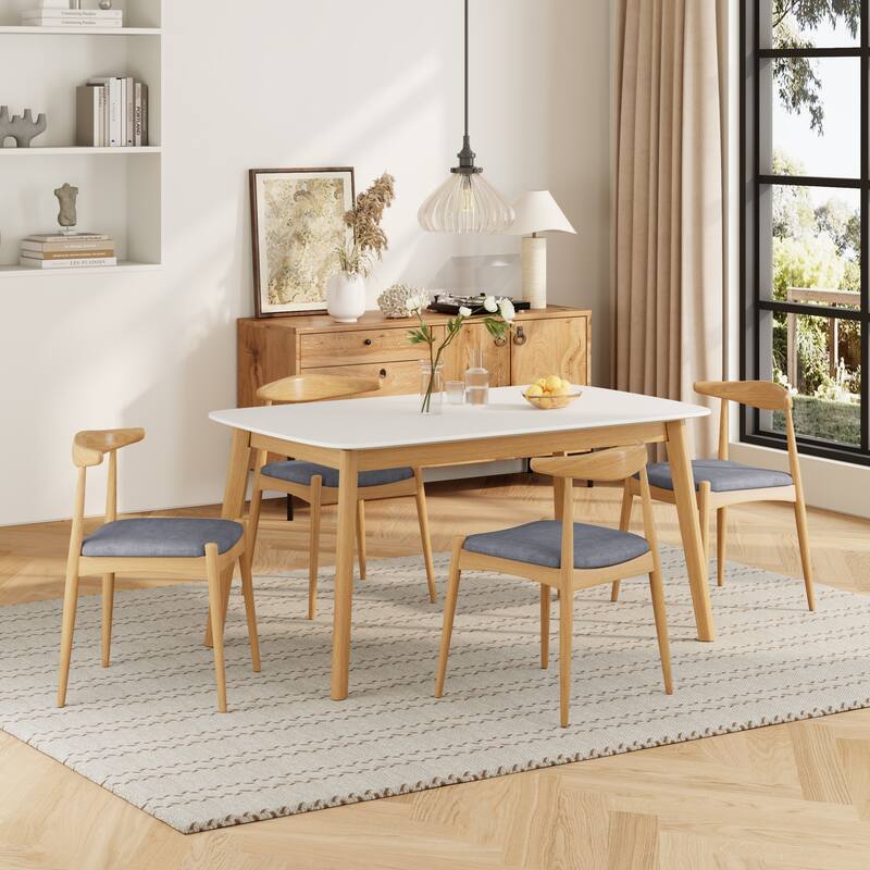 Roomfitters 5-Piece Mid-Century Modern Dining Set, White Oak Table with 4 Beige Upholstered Solid Wood Chairs
