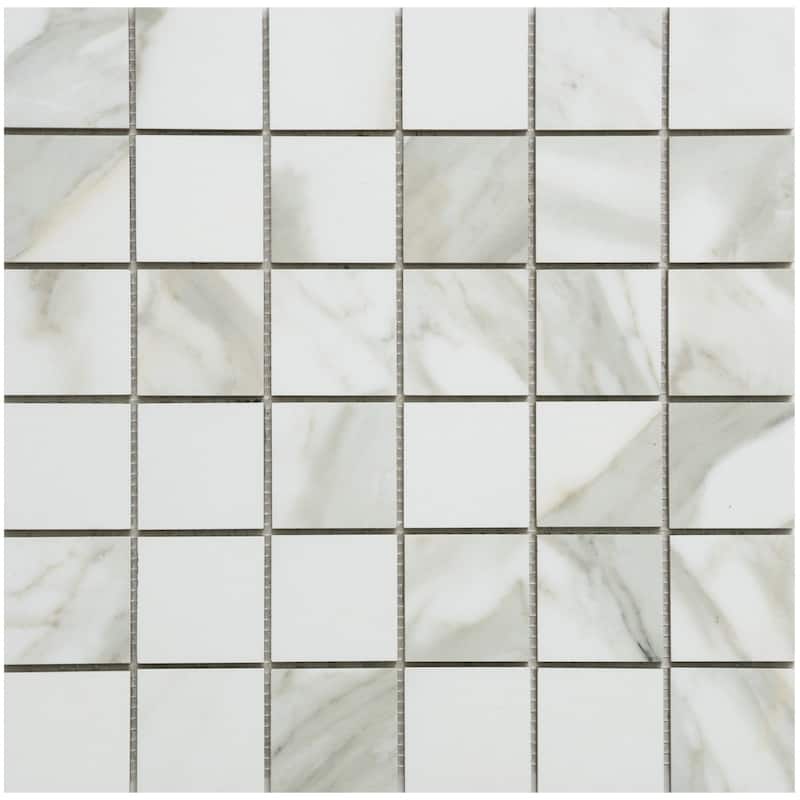 Porto 2x2 Matte Marble Look Porcelain Grid Mosaic Tile - Floor, Wall, Backsplash - 4 x 4 Sample - Calacatta Gold