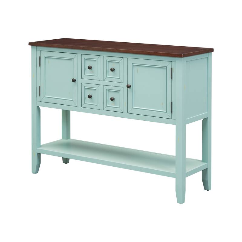 Ample Storage Vintage Console Table with Four Small Drawers and Bottom Shelf for Living Rooms, Entrances and Kitchens