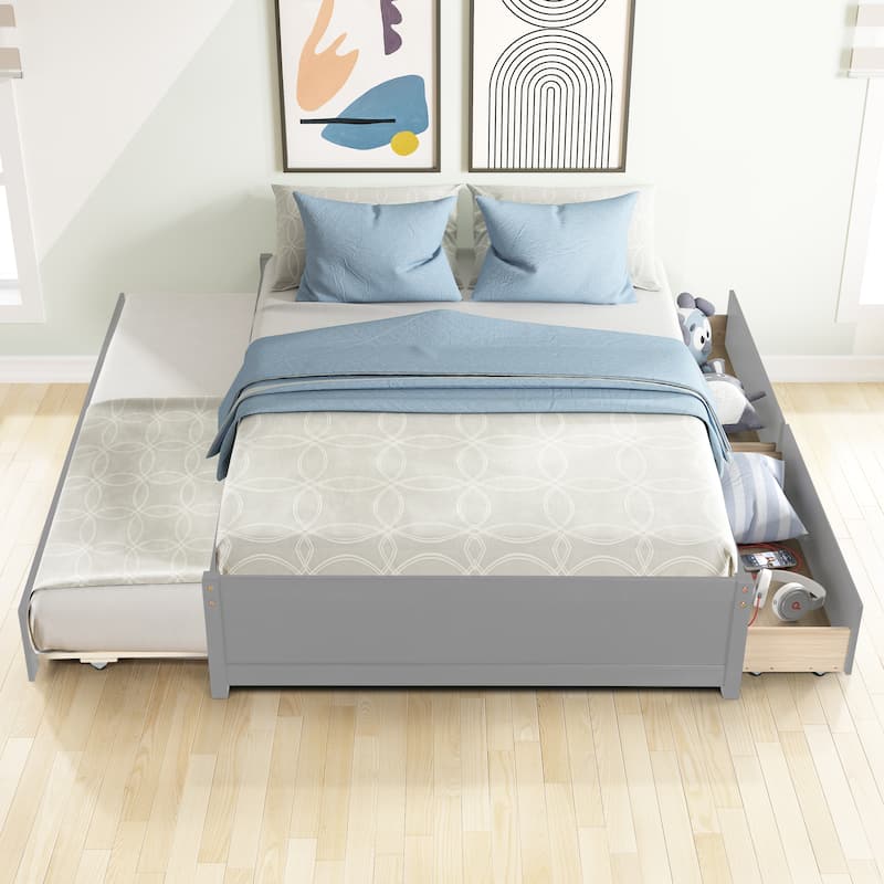 Solid Wood Captain Bed with Trundle and Drawers - Full Size Bed with Modern Design