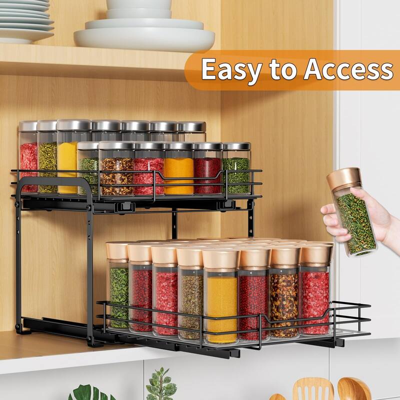 Spice Organization for Cabinet,2 Tier Pull out Spice Rack Organizer,Slide out Heavy Duty Metal Shelf Rack