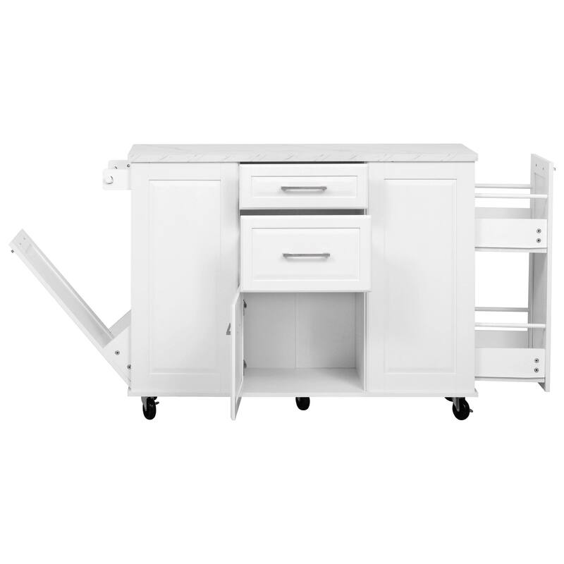 50.7"Kitchen Island with Tilt Trash Can and Pull Out Cabinet Organizer,Rolling Island on 5 Wheels with Drop Leaf,2 Drawers