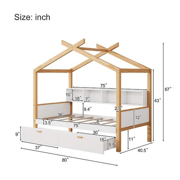 White Wood Frame Twin House Bed with Two Drawers and Bookshelf Storage Space